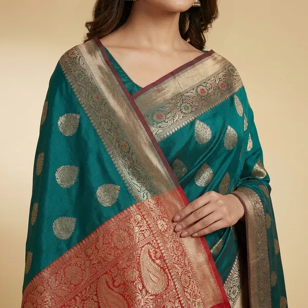 Rama_Green_Banarasi_Silk_Saree_With_Zari_Butta_Work_And_Contrast_Border_For_Women