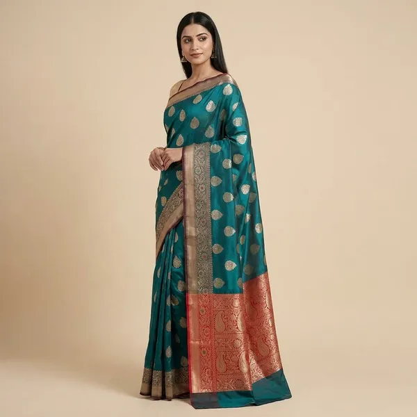 Rama_Green_Banarasi_Silk_Saree_With_Zari_Butta_Work_And_Contrast_Border_For_Women