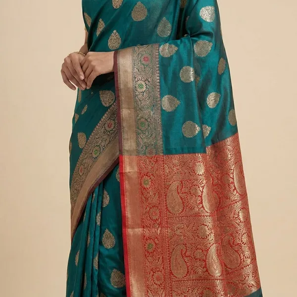 Rama_Green_Banarasi_Silk_Saree_With_Zari_Butta_Work_And_Contrast_Border_For_Women