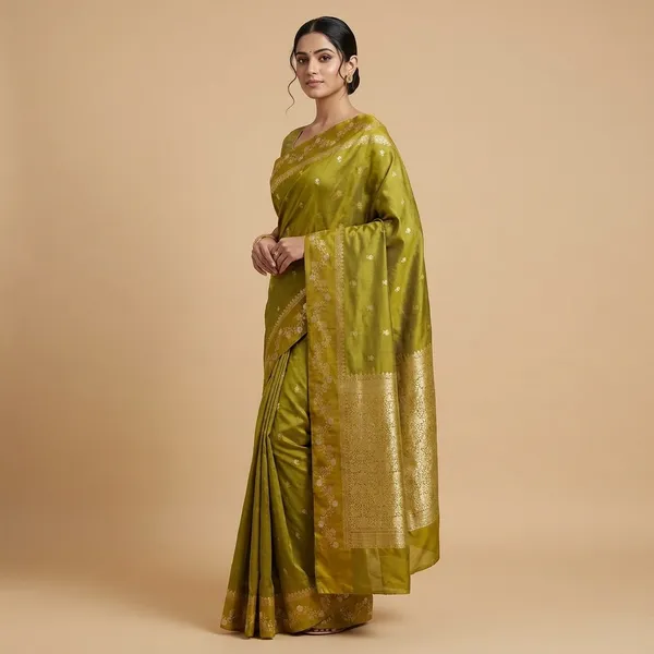 Olive_Green_Silk_Saree_With_Zari_Border_For_Women