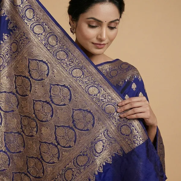 Navy_Blue_And_Golden_Pure_Banarasi_Silk_Saree_With_Zari_Work_For_Women
