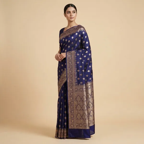 Navy_Blue_And_Golden_Pure_Banarasi_Silk_Saree_With_Zari_Work_For_Women
