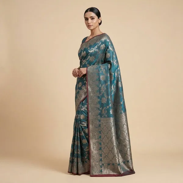 Teal_Blue_Silk_Saree_With_Zari_Work_For_Women