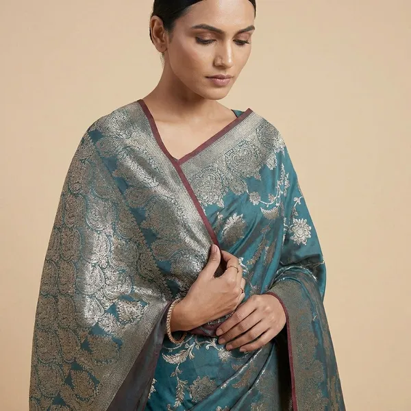 Teal_Blue_Silk_Saree_With_Zari_Work_For_Women