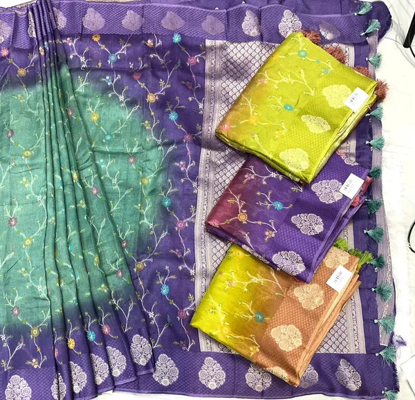 Green_And_Purple_Banarasi_Silk_Saree_With_Floral_Meenakari_Work_For_Women