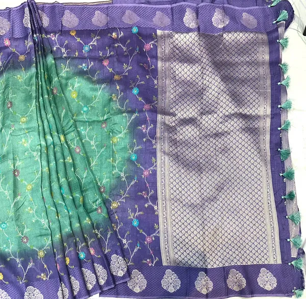 Green_And_Purple_Banarasi_Silk_Saree_With_Floral_Meenakari_Work_For_Women