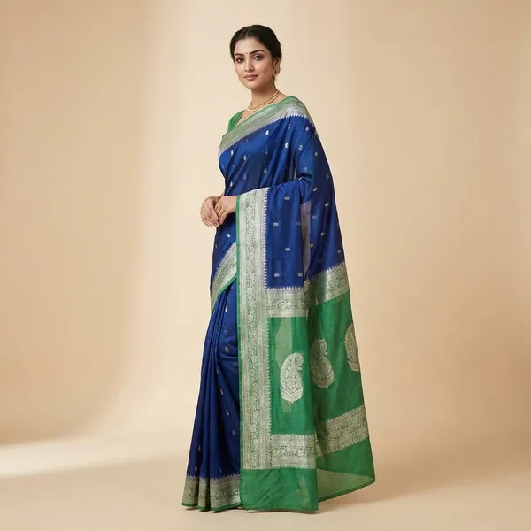 Royal_Blue_And_Green_Banarasi_Silk_Saree_With_Woven_Paisley_Border_For_Women