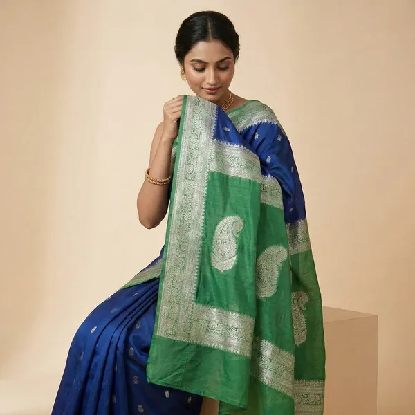 Royal_Blue_And_Green_Banarasi_Silk_Saree_With_Woven_Paisley_Border_For_Women