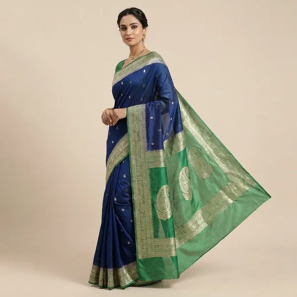 Royal_Blue_And_Green_Banarasi_Silk_Saree_With_Woven_Paisley_Border_For_Women