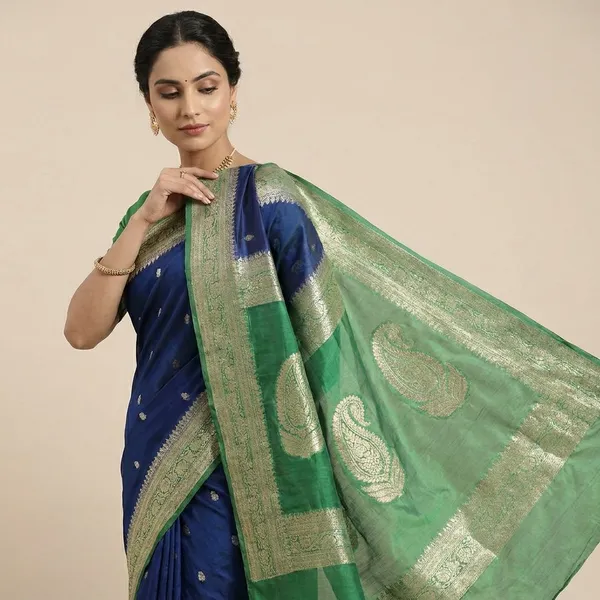 Royal_Blue_And_Green_Banarasi_Silk_Saree_With_Woven_Paisley_Border_For_Women