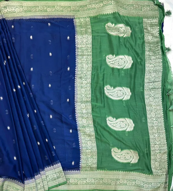Royal_Blue_And_Green_Banarasi_Silk_Saree_With_Woven_Paisley_Border_For_Women