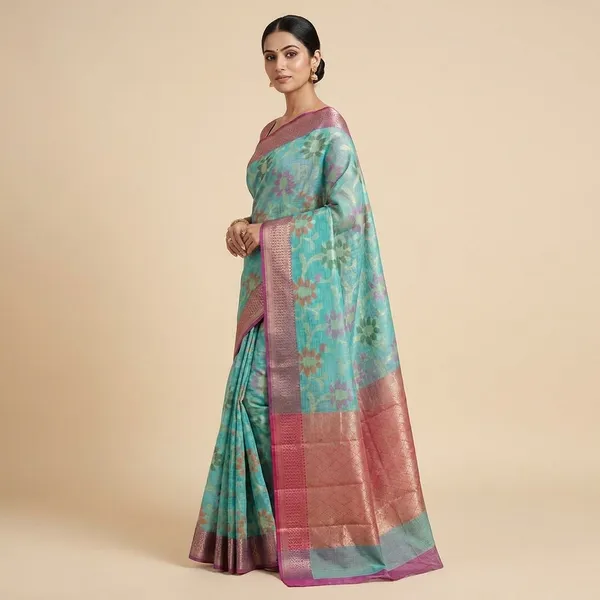 Turquoise_Blue_Silk_Designer_Saree_With_Contrast_Border_For_Women