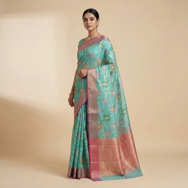 Turquoise_Blue_Silk_Designer_Saree_With_Contrast_Border_For_Women