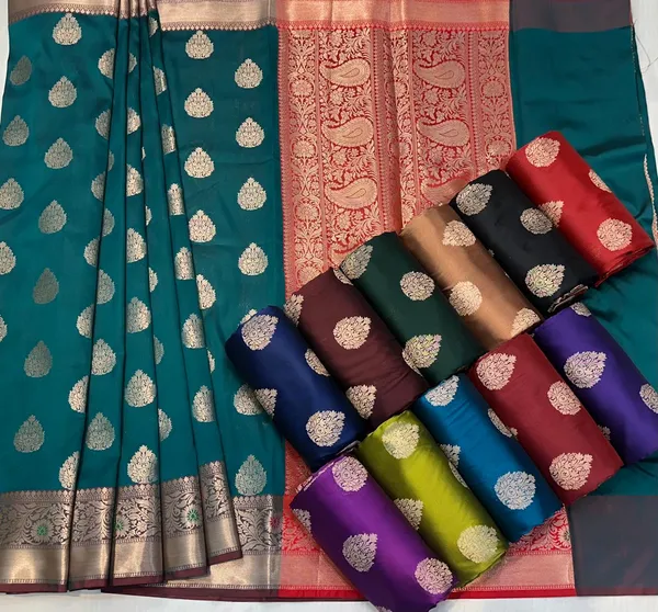 Rama_Green_Banarasi_Silk_Saree_With_Zari_Butta_Work_And_Contrast_Border_For_Women