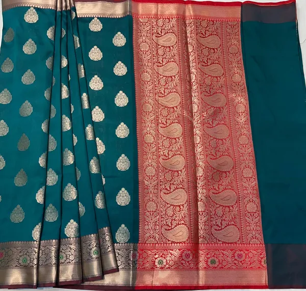 Rama_Green_Banarasi_Silk_Saree_With_Zari_Butta_Work_And_Contrast_Border_For_Women
