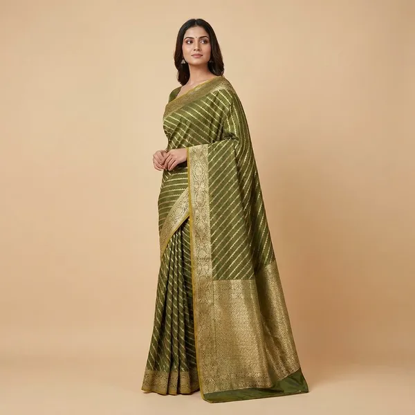 Mehandi_Green_Silk_Saree_With_Zari_Border_For_Women