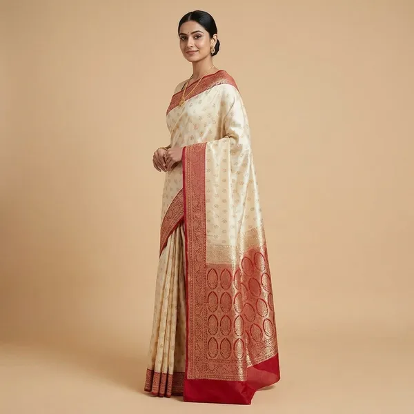 Cream_And_Red_Banarasi_Silk_Saree_With_Zari_Work_For_Women