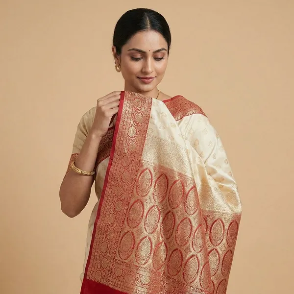 Cream_And_Red_Banarasi_Silk_Saree_With_Zari_Work_For_Women