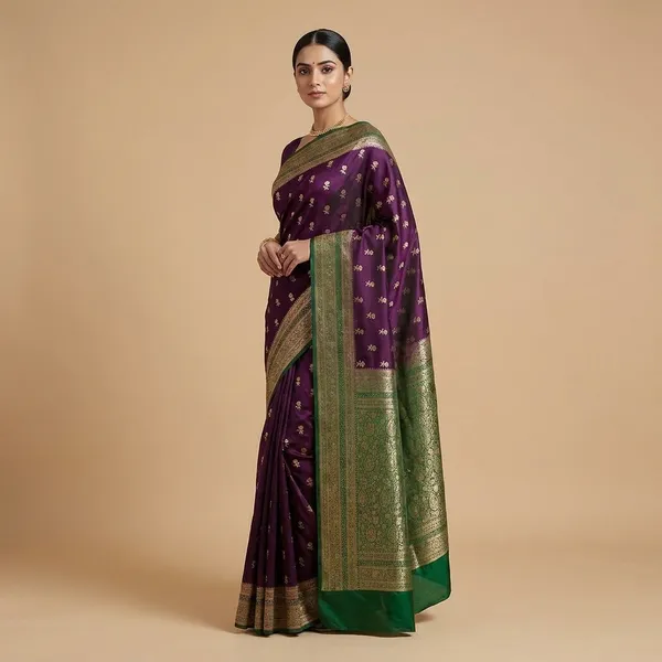Wine_Green_Banarasi_Silk_Saree_With_Zari_Work_For_Women