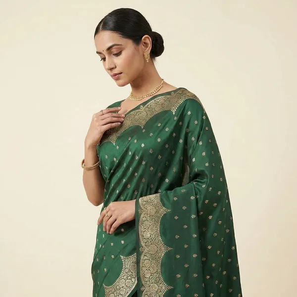Dark_Green_Silk_Saree_With_With_Scalloped_Border_And_Zari_Work_For_Women
