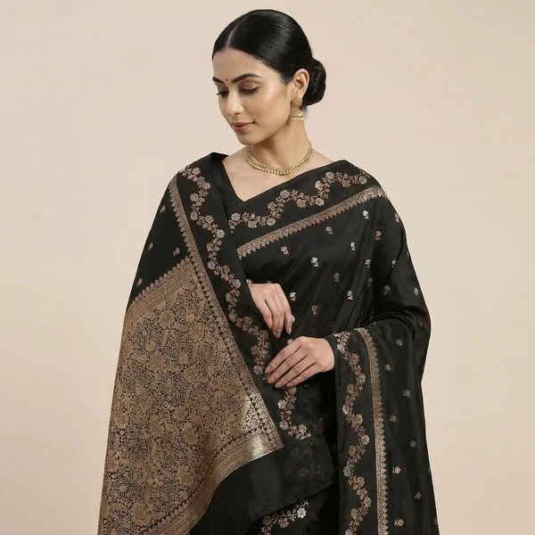 Black_Banarasi_Silk_Saree_With_Zari_Work_For_Women