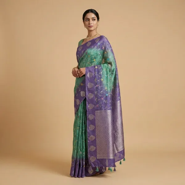 Green_And_Purple_Banarasi_Silk_Saree_With_Floral_Meenakari_Work_For_Women
