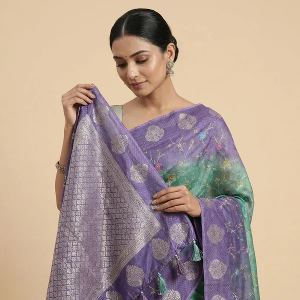 Green_And_Purple_Banarasi_Silk_Saree_With_Floral_Meenakari_Work_For_Women