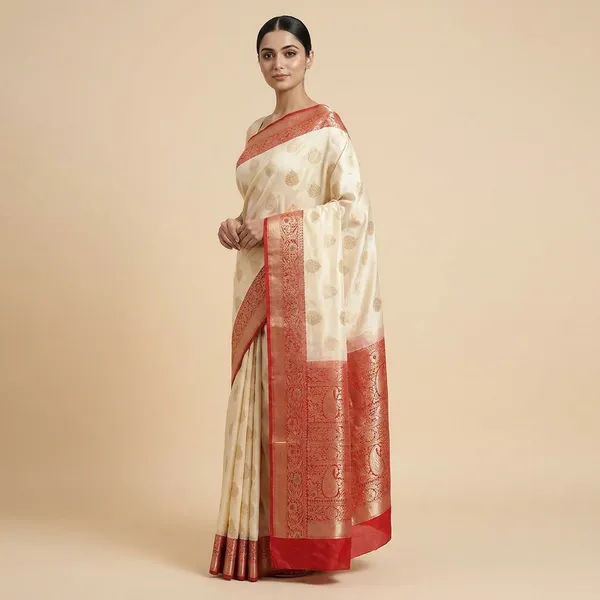 Off_White_And_Maroon_Banarasi_Silk_Saree_With_Zari_Work_For_Women