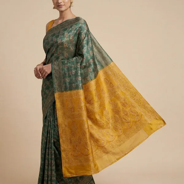 Green_Yellow_Silk_Saree_With_Woven_Motifs_And_Contrast_Border_For_Women