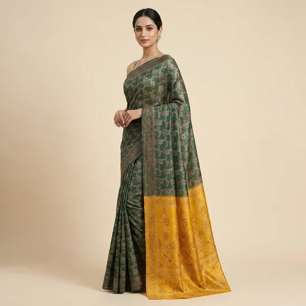 Green_Yellow_Silk_Saree_With_Woven_Motifs_And_Contrast_Border_For_Women