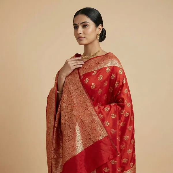 Red_And_Golden_Banarasi_Silk_Saree_With_Zari_Work_For_Women