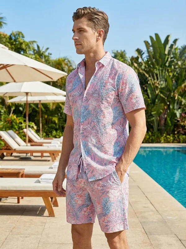 Peach_Pink_Tropical_Print_Relaxed_Fit_2_Piece_Cotton_Co_Ord_Set_For_Men