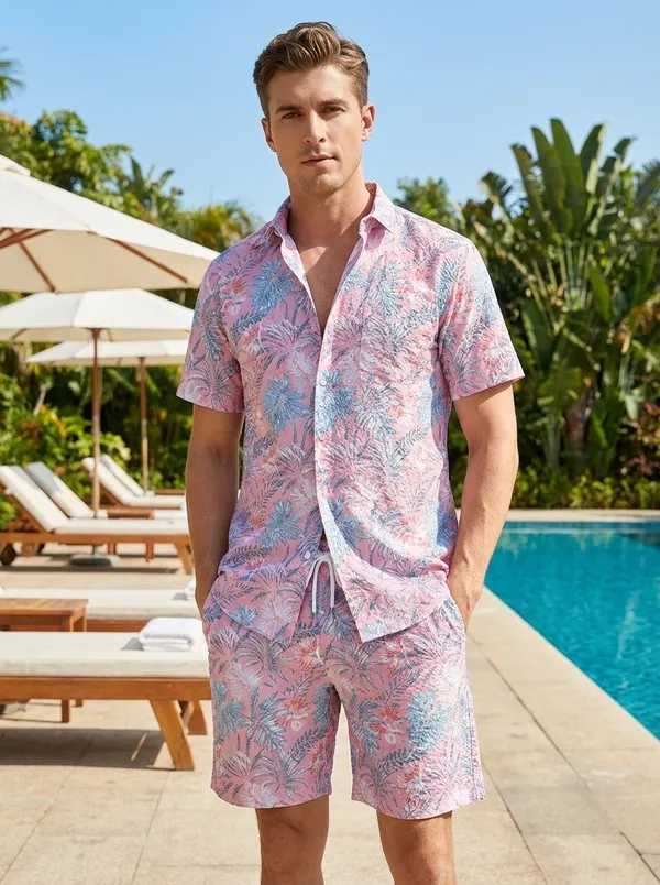 Peach_Pink_Tropical_Print_Relaxed_Fit_2_Piece_Cotton_Co_Ord_Set_For_Men