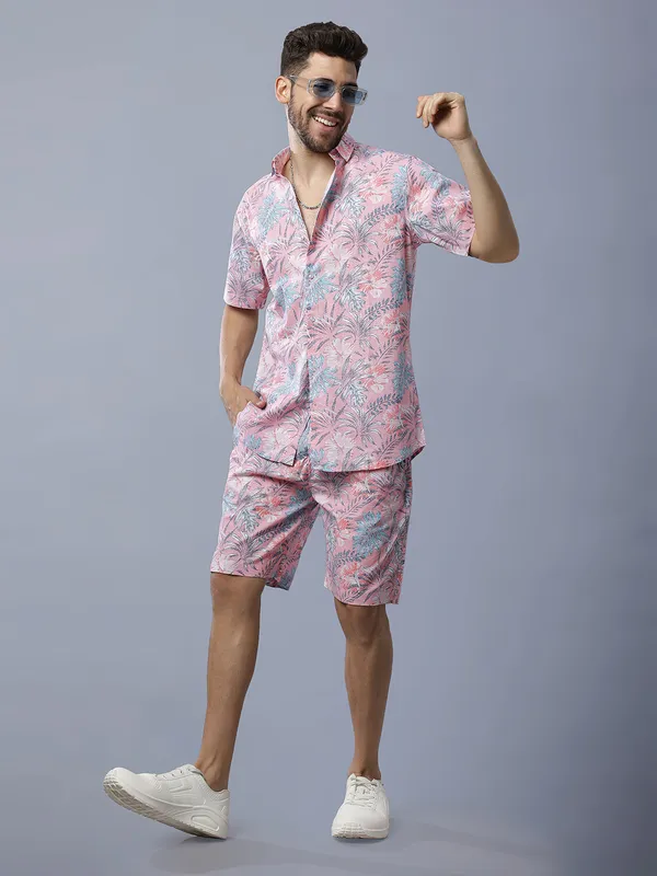 Peach_Pink_Tropical_Print_Relaxed_Fit_2_Piece_Cotton_Co_Ord_Set_For_Men