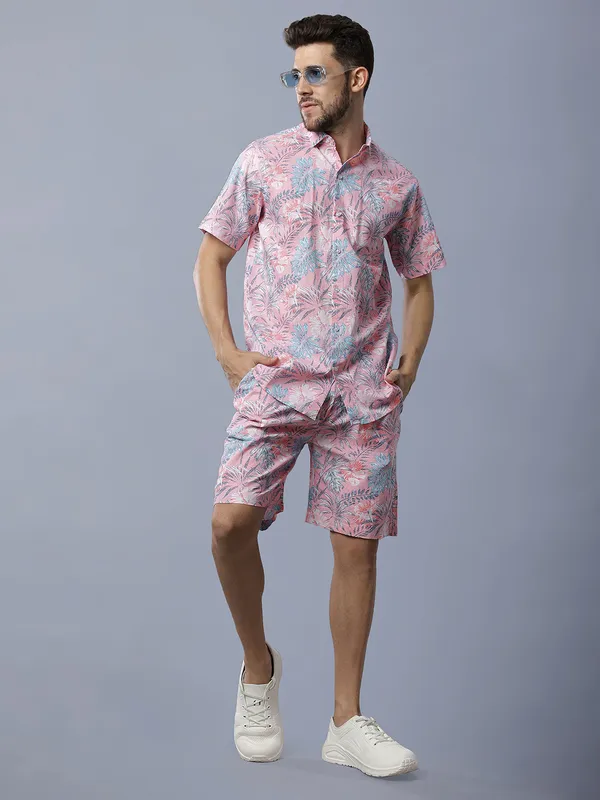 Peach_Pink_Tropical_Print_Relaxed_Fit_2_Piece_Cotton_Co_Ord_Set_For_Men