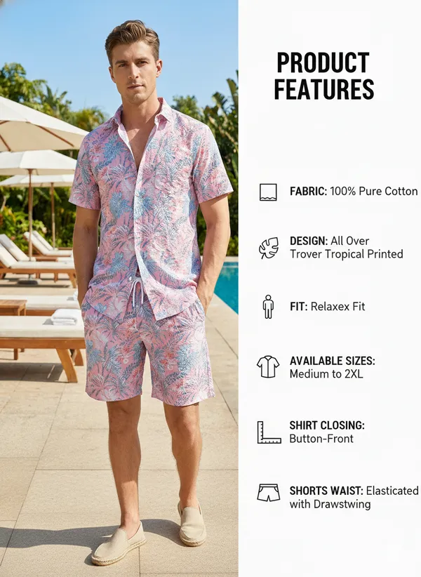 Peach_Pink_Tropical_Print_Relaxed_Fit_2_Piece_Cotton_Co_Ord_Set_For_Men