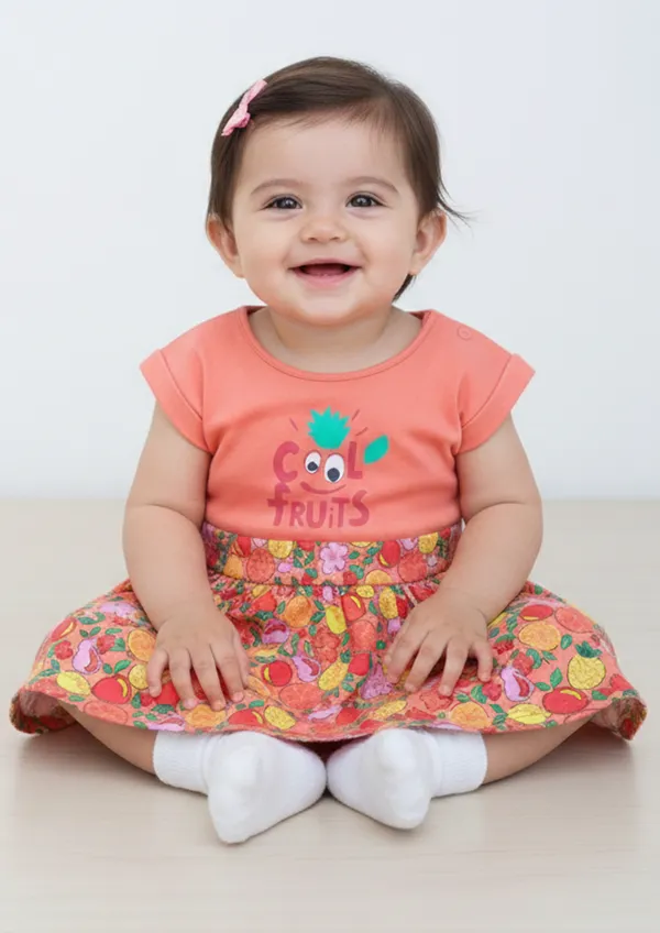 Girls'_"Cool_Fruits"_Graphic_Print_Dress_–_Vibrant_Peach_&_Fruit_Pattern_Casual_Wear