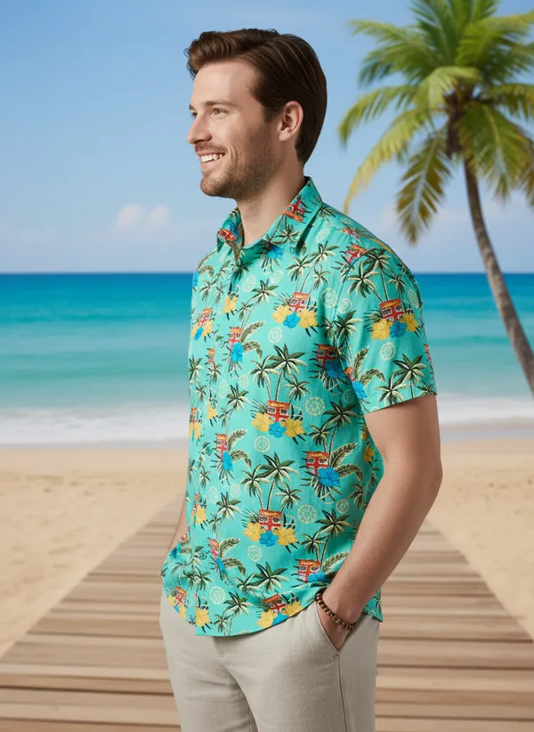 Green_Cotton_Men’s_Half_Sleeves_Tropical_Print_Casual_Shirt
