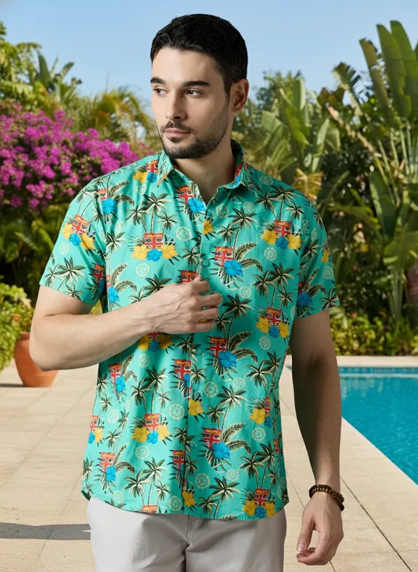 Green_Cotton_Men’s_Half_Sleeves_Tropical_Print_Casual_Shirt