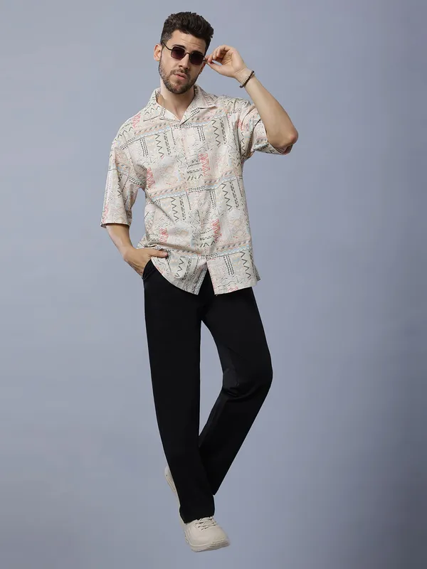 Beige_And_Off_White_Cotton_Rayon_Printed_Oversized_Fit_Half_Sleeves_Resort_Shirt_For_Men