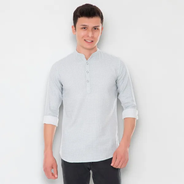 White_Cotton_Geometric_Slim_Fit_Short_Kurta_For_Men