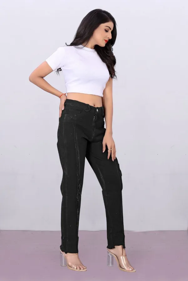 Women'S_High-Waist_Black_Distressed_Jeans_With_Raw_Hem