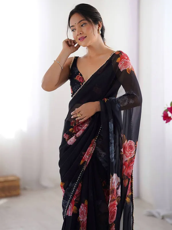 Black_Floral_Georgette_Saree_With_Embroidered_Border