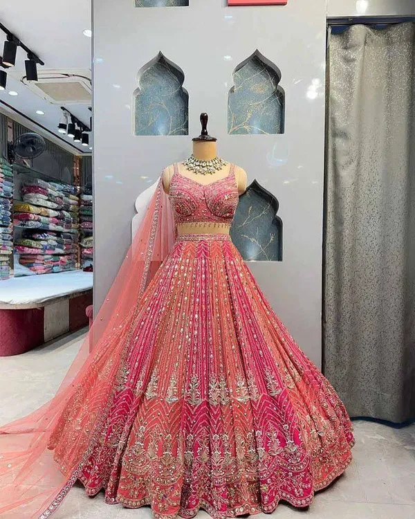 Peach_And_Maroon_Embroidered_Lehenga_Choli_Set_With_Dupatta