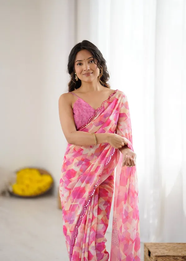 Pink_Geometric_Print_Organza_Saree_With_Mirror_Work_Border