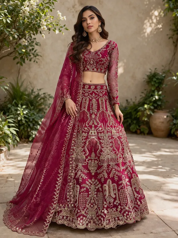 Bridal_Red_Velvet_Embellished_Lehenga_Choli_Set_With_Heavy_Zari_Work