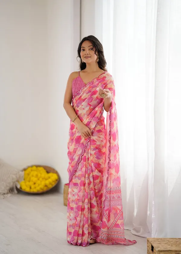 Pink_Geometric_Print_Organza_Saree_With_Mirror_Work_Border