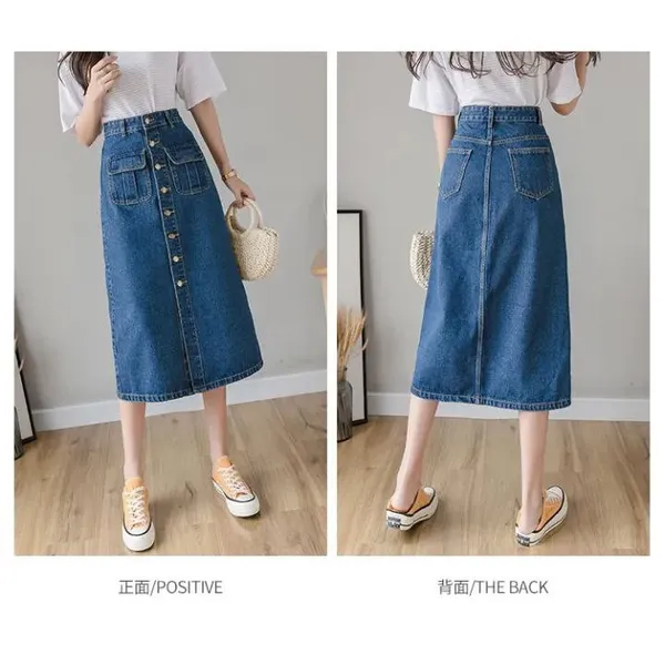 Women'S_Denim_A-Line_Button-Front_Midi_Skirt_With_Pockets