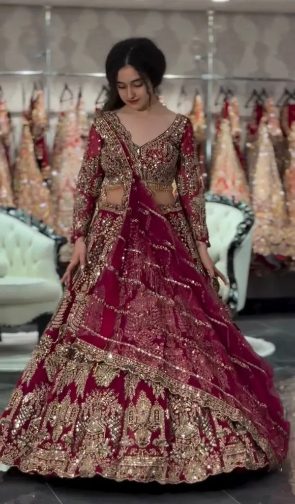 Bridal_Red_Velvet_Embellished_Lehenga_Choli_Set_With_Heavy_Zari_Work