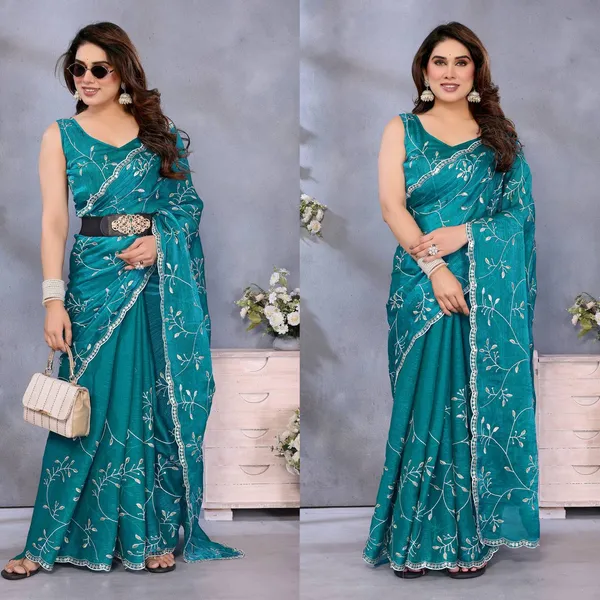 Turquoise_Embroidered_Georgette_Saree_With_Sequin_Border